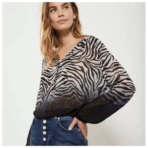 Mint Velvet Naomi Sheer Zebra Print Dip Dye Top Sz 14 Pullover Long Sleeves - Picture 1 of 13
